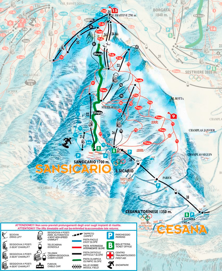 Mapa de pistas de Cesana y San Sicario